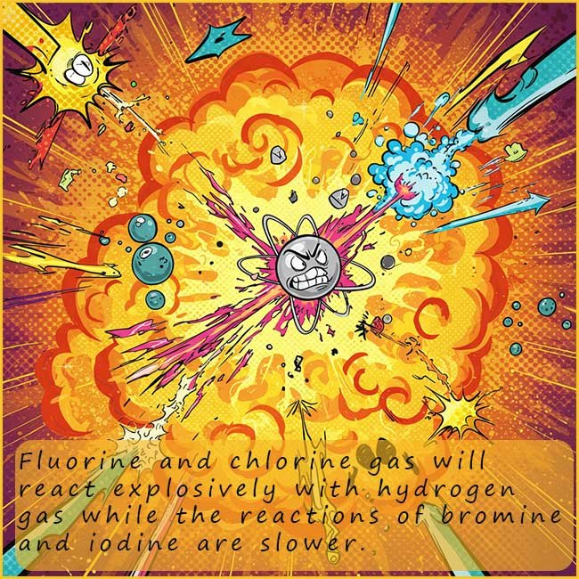 Image describe sthe reactions of fluorine, chlorine, bromine and iodine with hydrogan gas